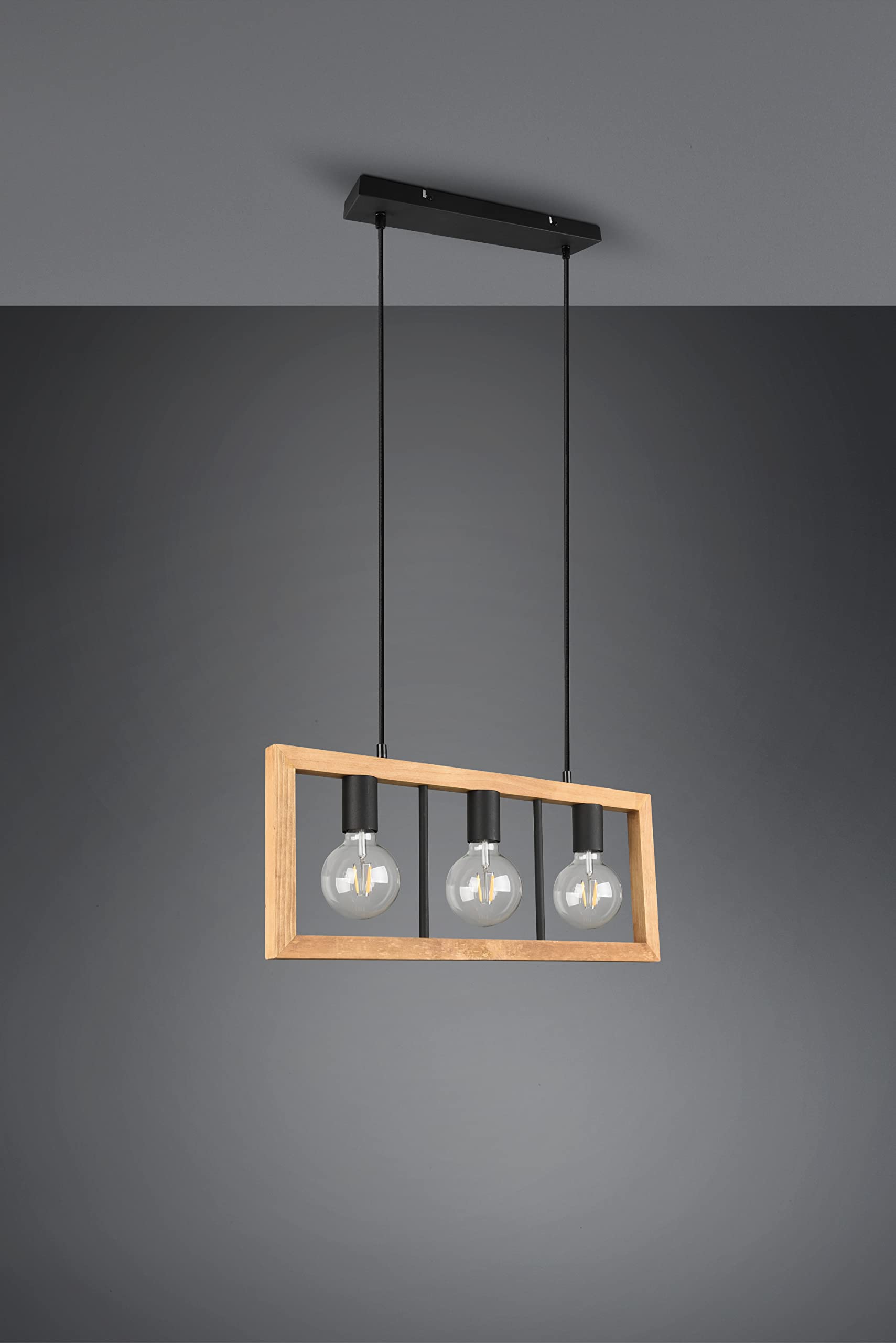 TRIO, Suspension, Agra 3xE27, max.10,0 W Bois naturel, couleur de bois, Corps: Métal, noir mat L:60,0cm, L:8,0cm, H:150,0cm IP20,Sans illuminant,Réglable en hauteur