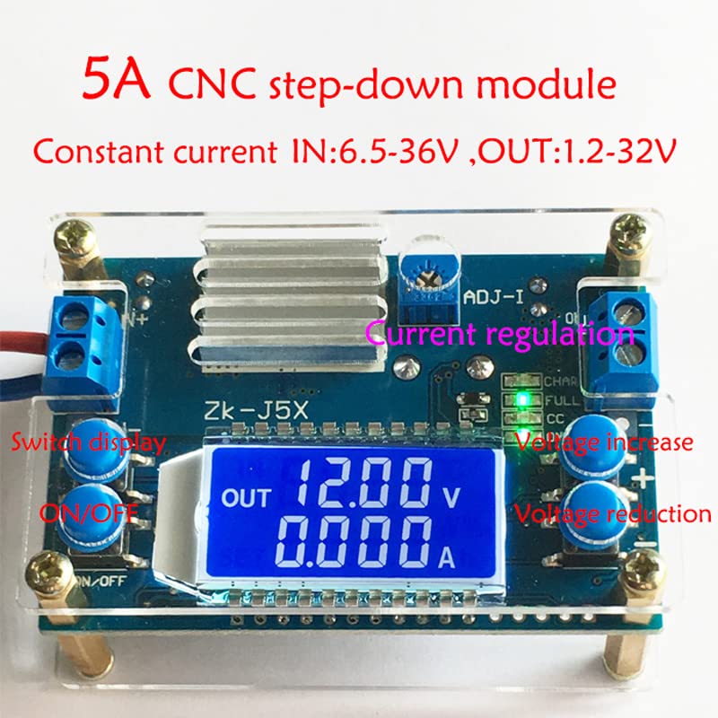 REES52 ZK-J5X module with labels for input/output, display, voltage adjustment buttons, and current regulation potentiometer