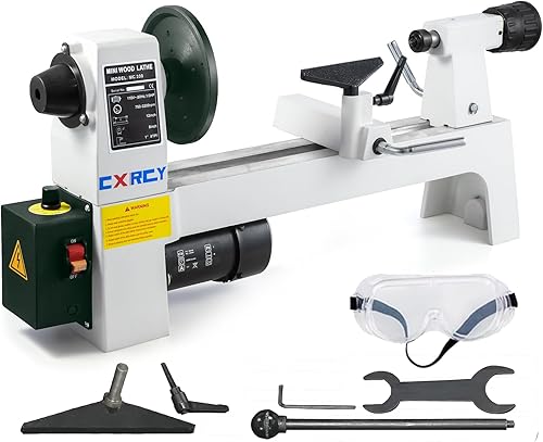 Torno de madera de 8 x 12 pulgadas, mini máquina de torno de madera de sobremesa, velocidad infinitamente variable 750-3200 RPM con 3 cinceles para