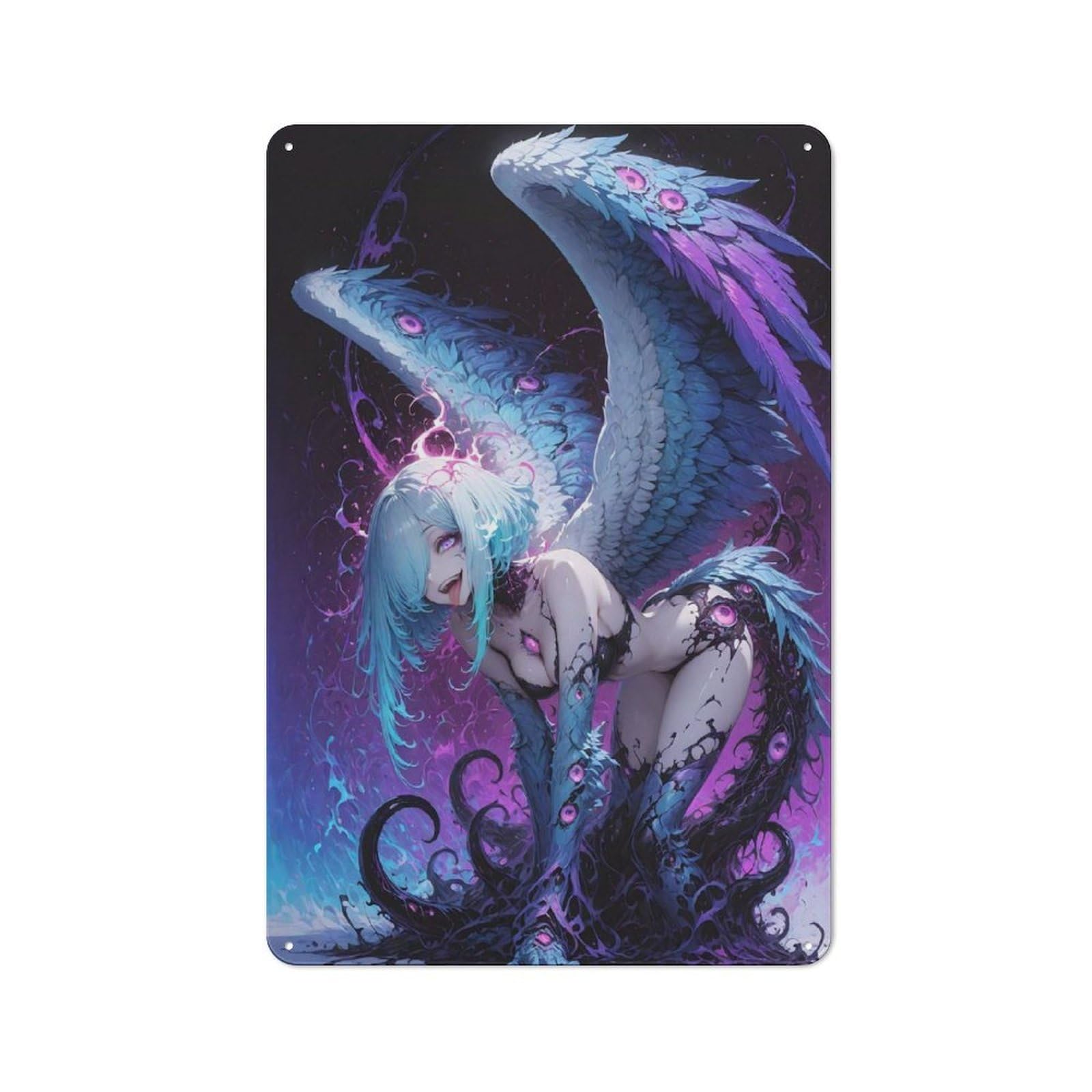 Nostalgic Decorative Tin Plaque 30x20cm Featuring Winged Creature with Blue Hair, Classic Pub Decor for Cafe, Pub, Workshop Or Home Bar