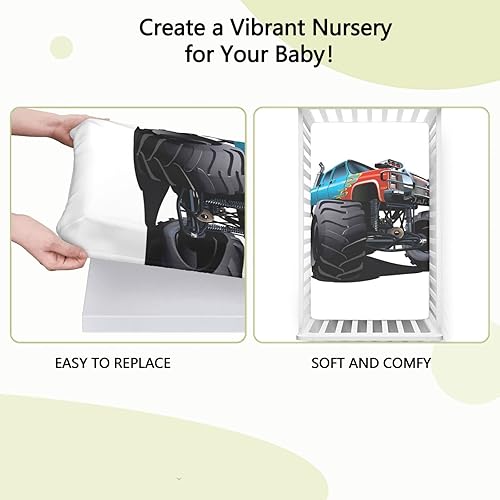 Miniatura 6 de Sábana bajera ajustable con temática de Monster Truck, sábana bajera estándar para cuna, sábana bajera suave para niños y niñas, 52 x 28 pulgadas,