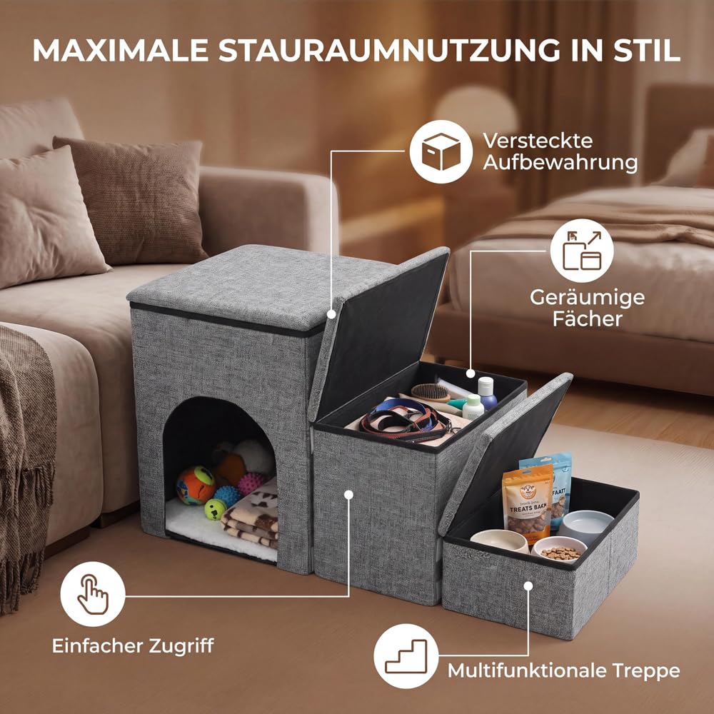 Hundetreppe für Kleine Hunde mit Stauraum und Katzenöffnung, Breite Dog Stairs Faltbare mit Rutschfestem Boden für Bett und Couch, Hundetreppe Kleine Hunde 3 Stufen (Grau)