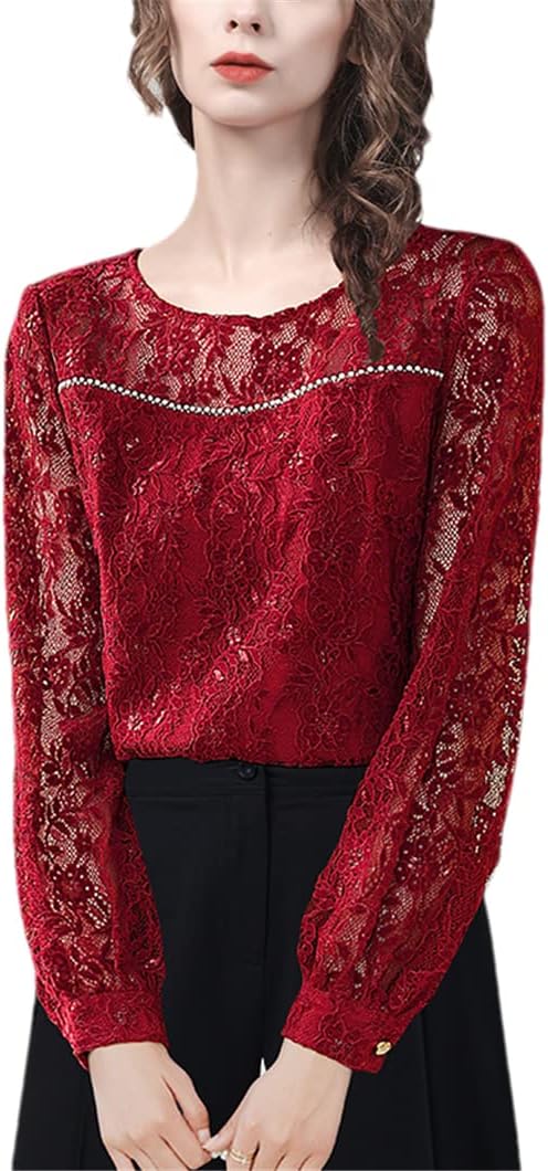 Lace Blouse Top Women O-Neck Long Sleeve Hollow Out Beaded Pullovers Loose Casual Shirts
