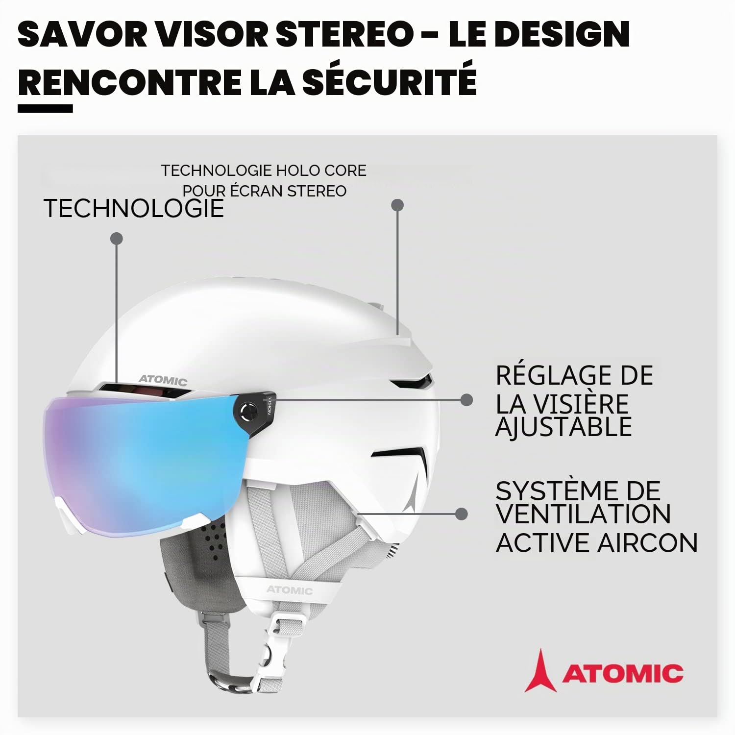 ATOMIC Casque de Ski avec visière Savor Visor Stereo, Blanc (White Heather), Taille S (51 à 55 cm), Absorption maximale des Chocs, Ventilation Active Aircon, Traitement Miroir pour Une Vision Claire