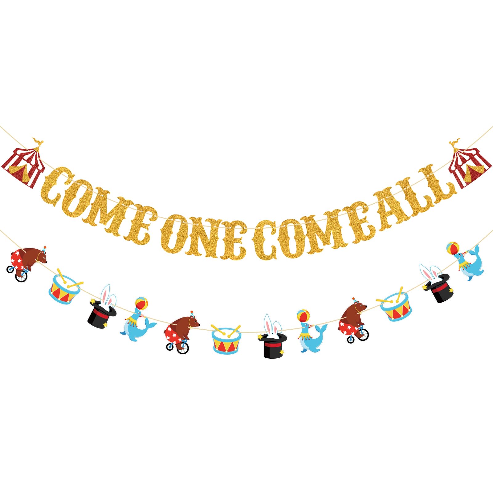 Photo 1 of GCQQ Come One Come All Banner – 2 Packs Gold Red Glitter Carnival Circus Theme 1st Birthday Baby Shower Party Garland 9.8FT Clown First Birthday Under the Tent Big Top Decoration with Animal Parade