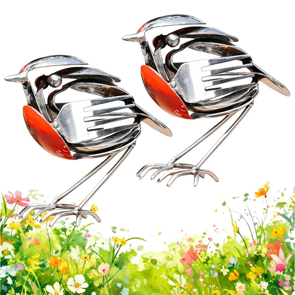 Bird Sculpture Garden Art Figurine, Handmade Recycled Metal Fork & Spoon Robin Statue, Rustic Decor for Bird Lovers, 2PCS