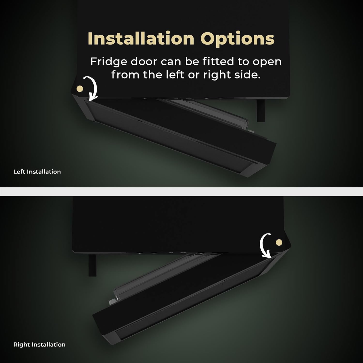 Images showing the reversible door installation options for the fridge