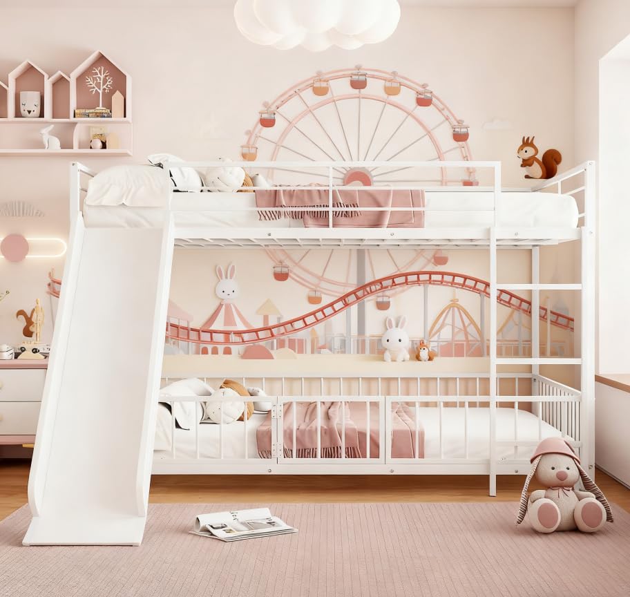 Image of Bellemave Full Over Full Bunk Bed with Slide and Ladder, Metal Low Bunk Beds for Kids, Girls, Boys, Removable Fence and Door, White