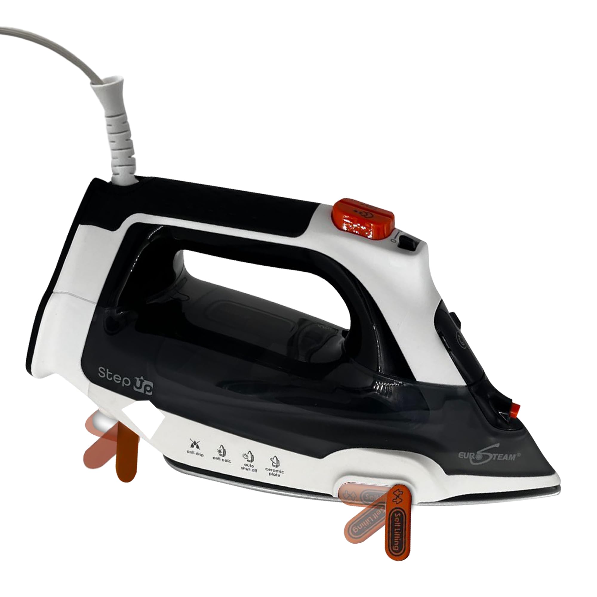 Plancha inteligente Eurosteam Step Up con elevación automática y suela de cerámica Tecnología de temperatura inteligente para todo tipo de tejidos Planchado reinventado: inteligente, seguro, rápido y sin esfuerzo