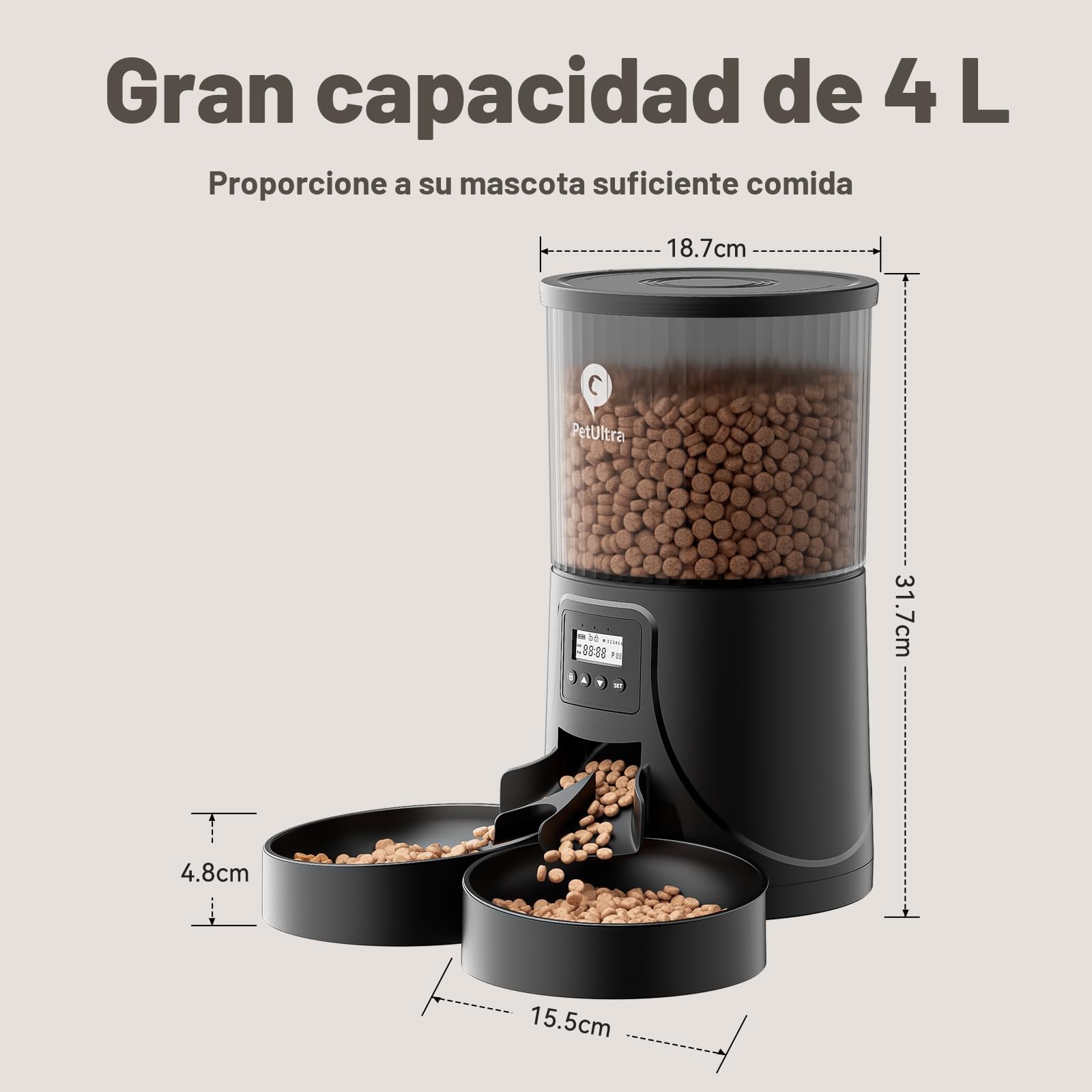 IMIPAW Comedero Gato Automatico - Dispensador Comida con Dos Cuencos, Temporizador Programable para Gatos y Perros con Bolsa Desecante, 1-6 Comidas al Día, 1-20 Porciones por Comida- 4L