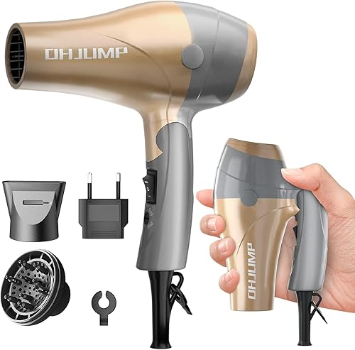 OHJUMP Mini secador de pelo de viaje con difusor, secador de pelo compacto portátil de doble voltaje, enchufe de la UE, 1875 W, potente secado