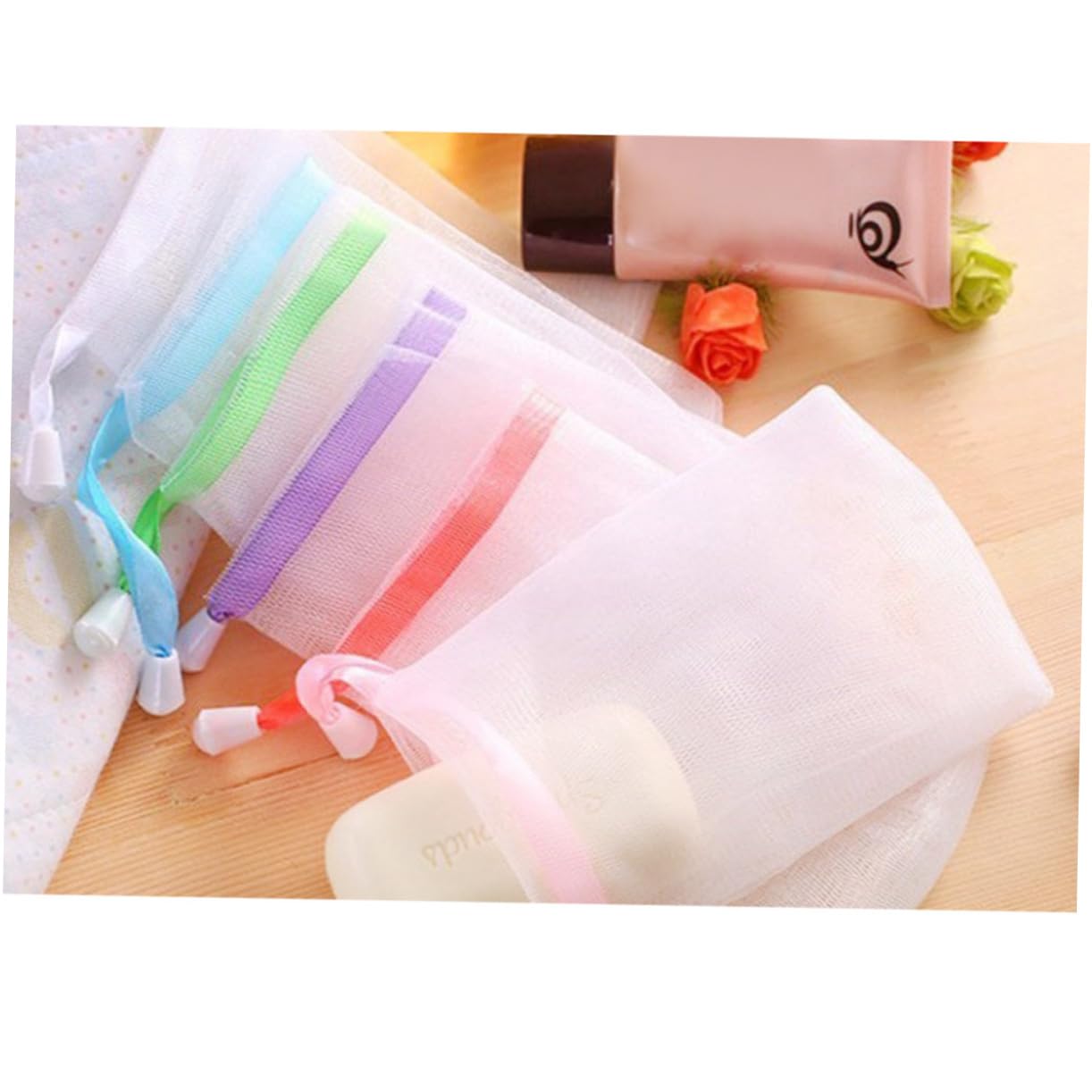 BESTYASH 50pcs Soap Mesh Pouch Set Colorful Bubble Net Holder for Handmade Soap Exfoliating Facial Cleaning Tool Portable Netting Round Buckle for Bath and Shower