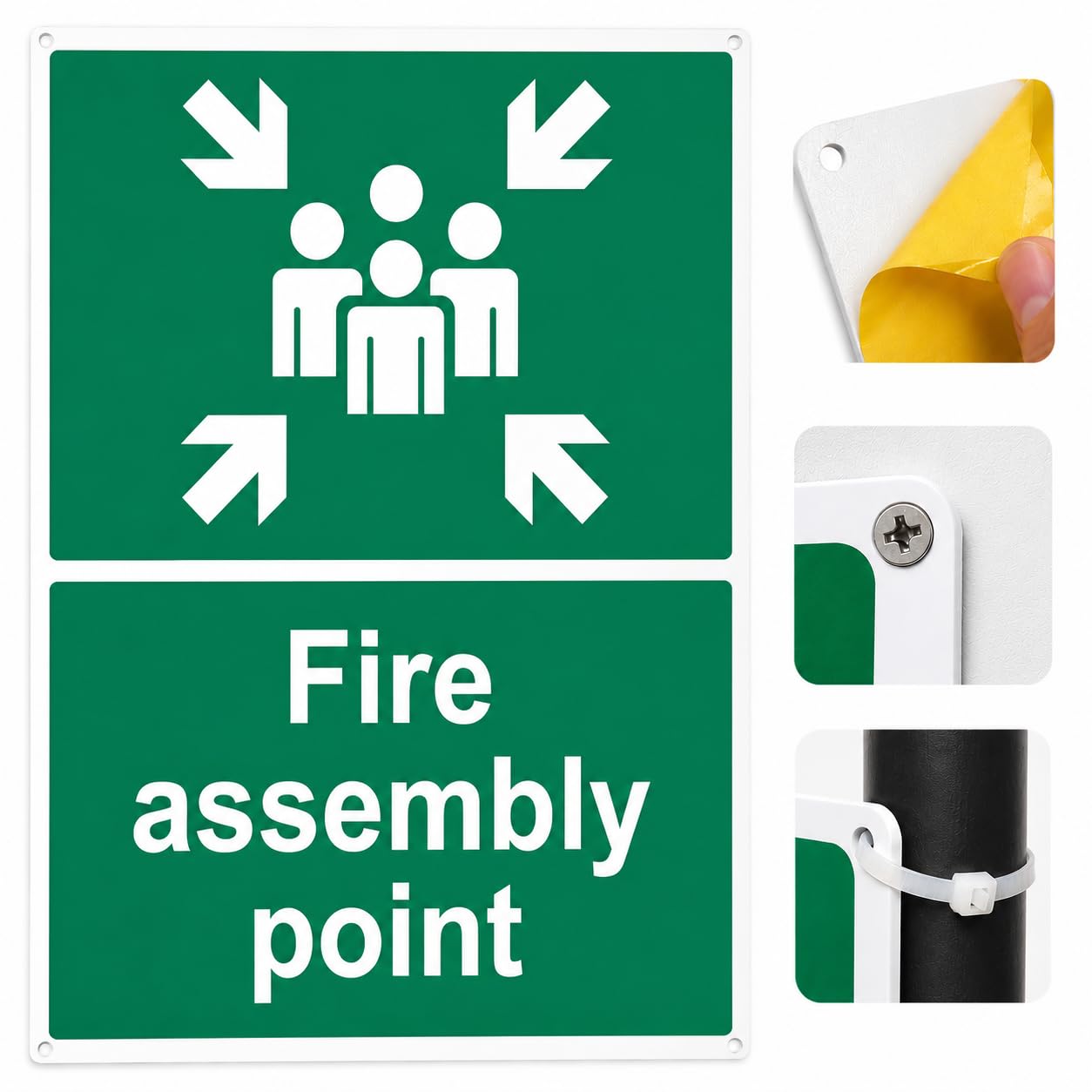 Fire Assembly Point Sign Outdoor | 40x30cm - 1mm Rigid Plastic | Muster Point Sign with 4 Pre-Drilled Holes and Self adhesive Backing
