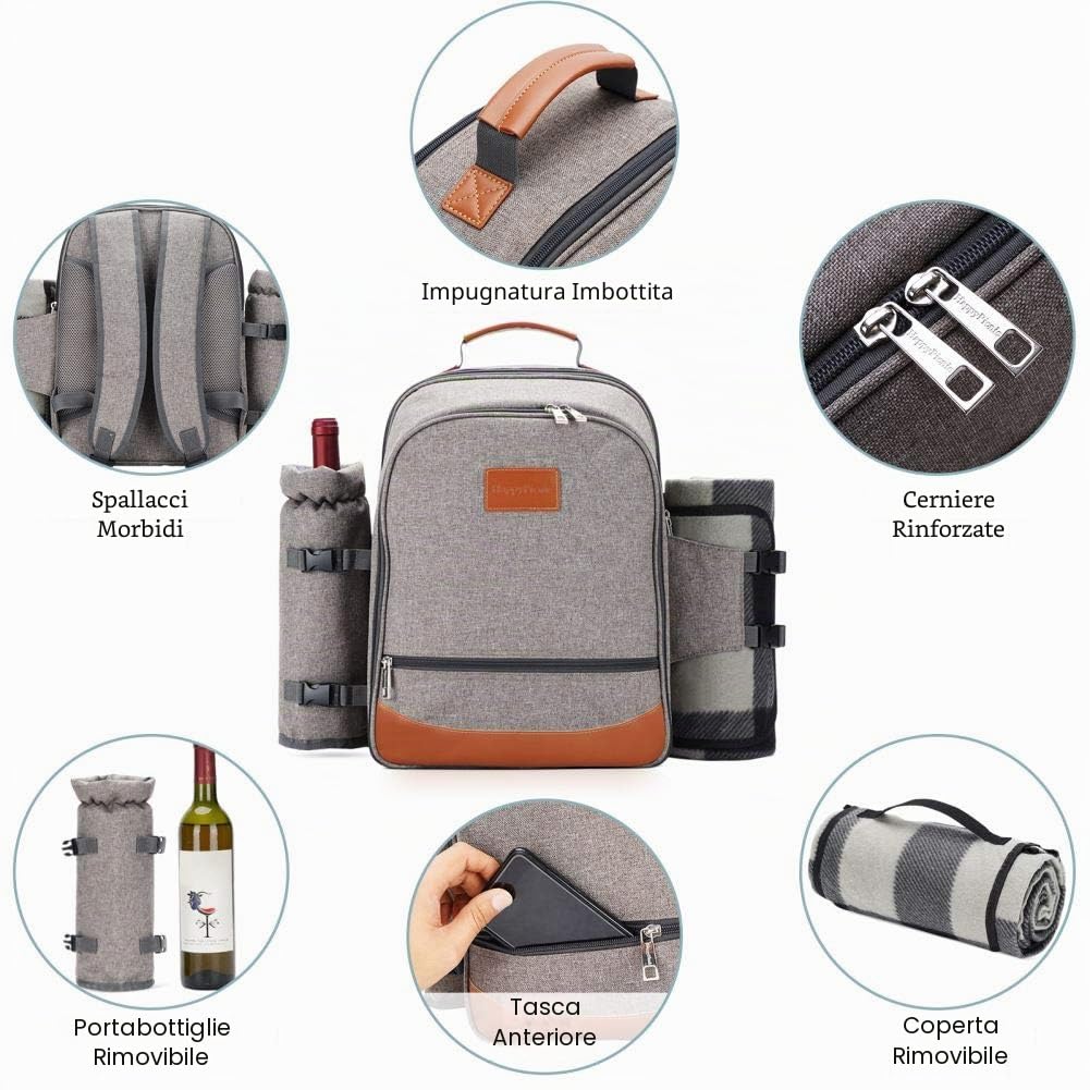 HappyPicnic Zaino da picnic isolato 4 persone stoviglie scomparto raffreddamento portabottiglie tappeto impermeabile