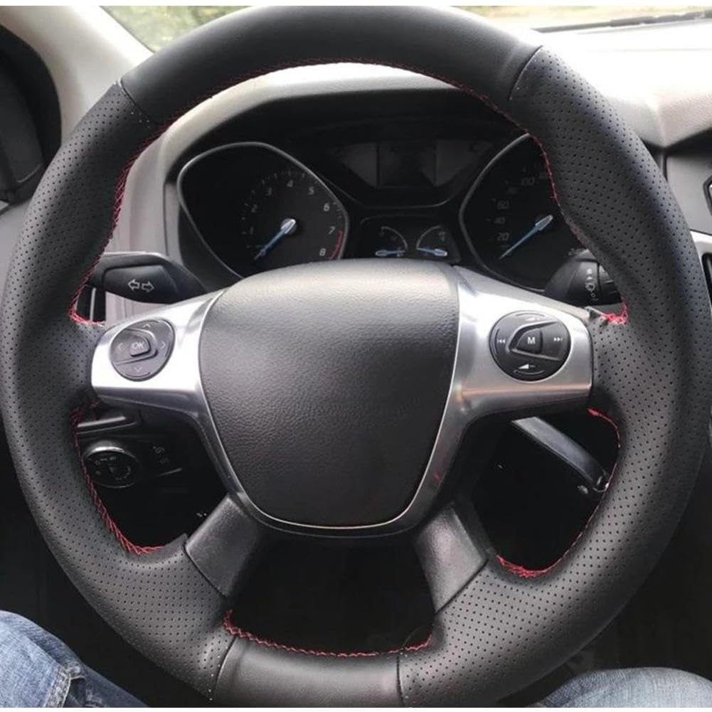 YYSMSR Black Leather Hand-Stitched Car Steering Wheel Cover, for Ford Focus 3 2012-2014 C-MAX 2011-2014 KUGA Escape 2013-2016