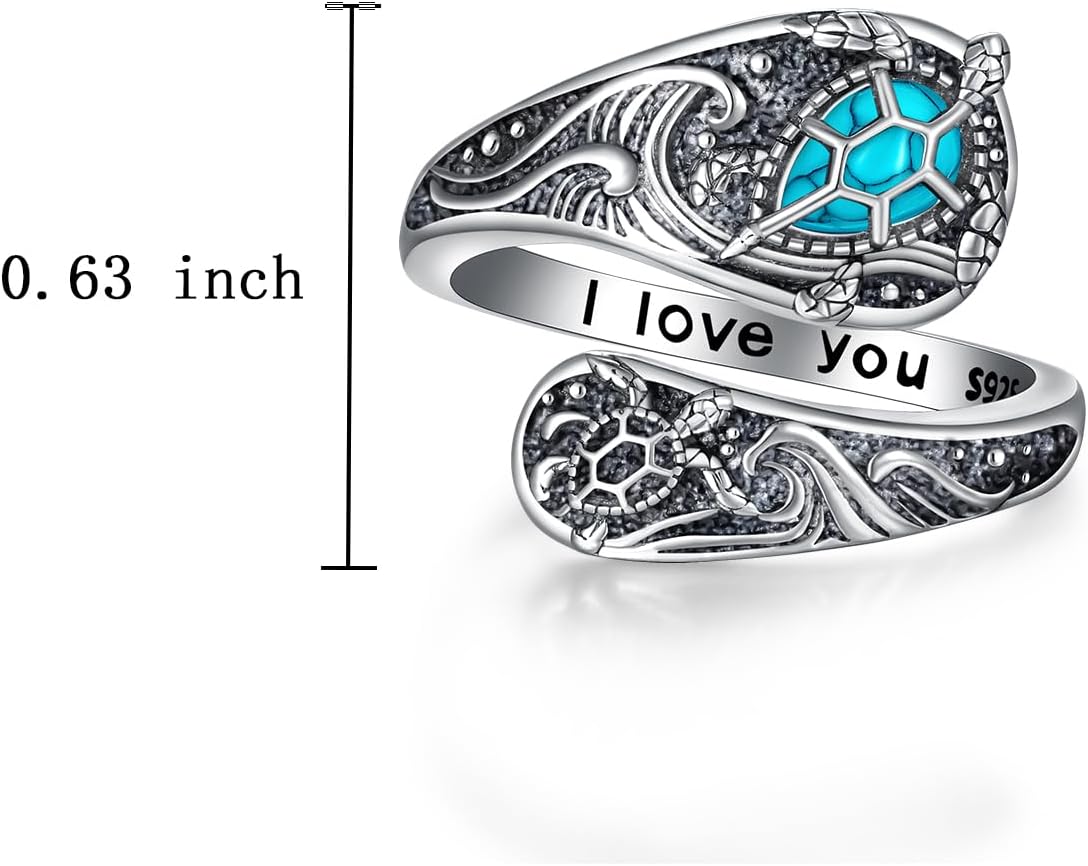 Turtle Spoon Rings for Women S925 Sterling Silver Turquoise Turtle Ocean Thumb Wave Ring Vintage Adjustable Jewelry Valentine's day Mothers Day Gifts