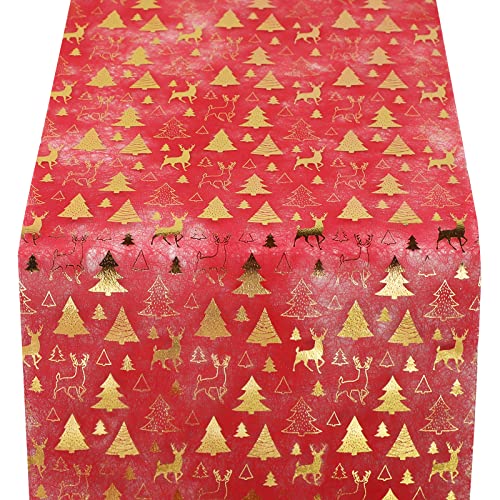 Yeahshion Tischläufer Weihnachten 28 cm x 5 m, Tischläufer Vliesstoff Rot und Metallic-Gold mit Hirsch-Designs für Weihnachtsdekoration, Heimwerken, Verpacken Cover