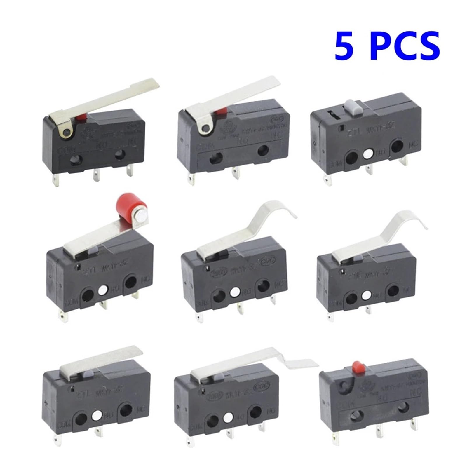 5 SZTUK Mini Micro Wyłącznik krańcowy NO NC 3-pinowe terminale PCB SPDT 5A 125V 250V 29mm Roller Arc Snap Dźwignia Push Mikroprzełączniki (2P zakrzywiony uchwyt)
