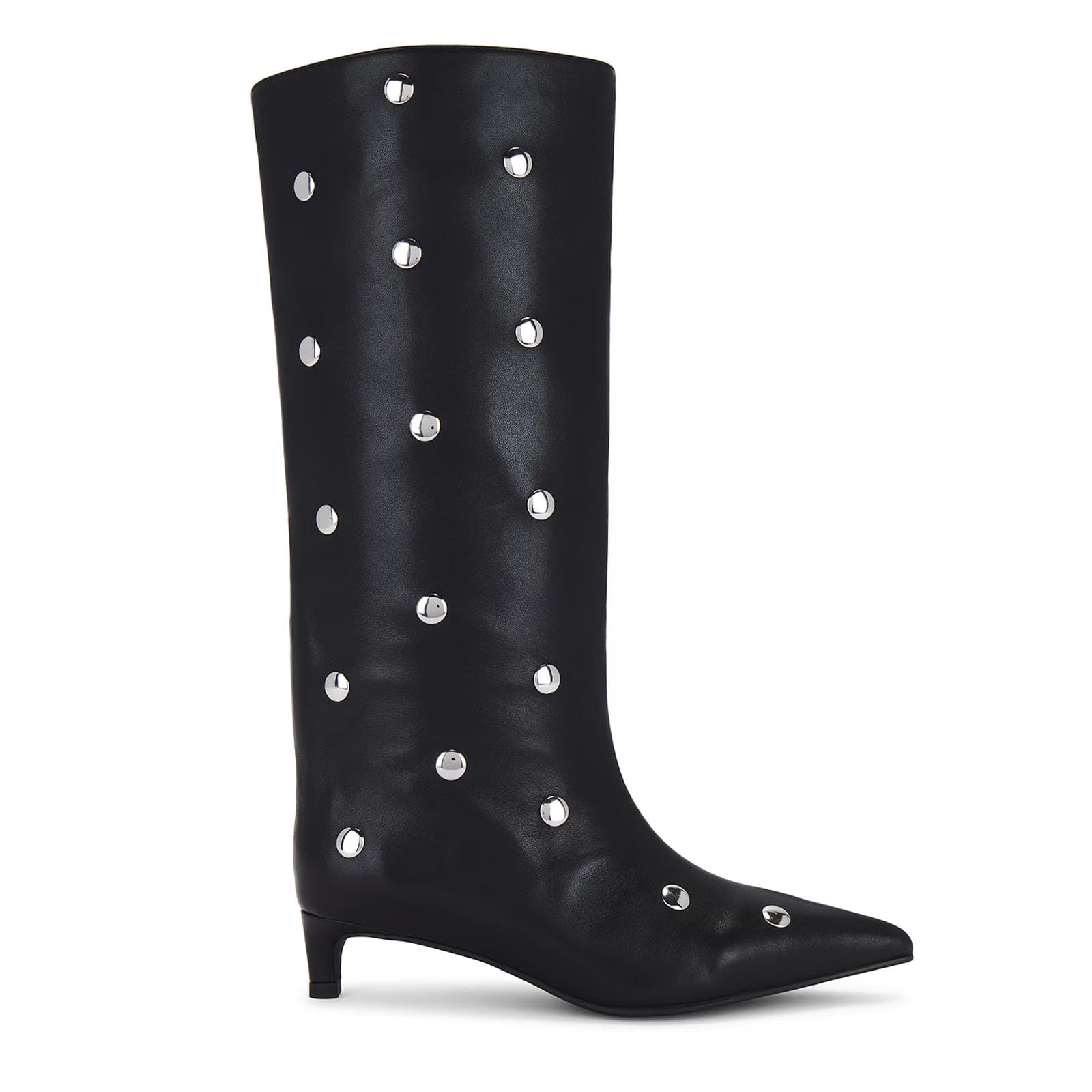 QIV Studded Knee High Boots Women Pointed Toe Kitten Heel Mid Calf Boots with Zipper