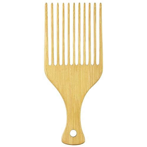Afro Pick - Peine de pelo antiestático de bambú natural para cabello largo, grueso, rizado, para desenredar los dientes largos, gruesos y rizados,