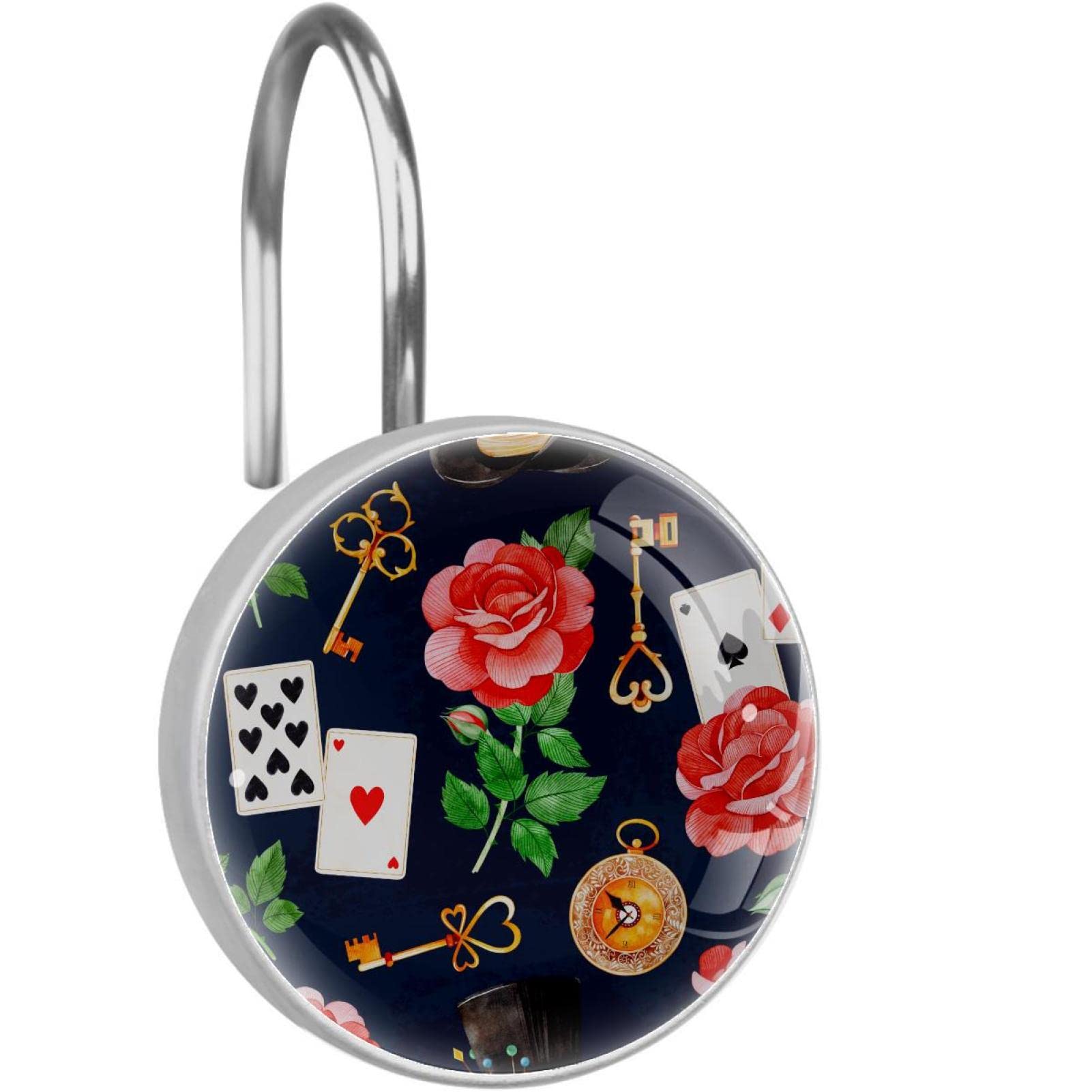 Anneaux de douche antirouille au design de roses raffinées et clés dorées