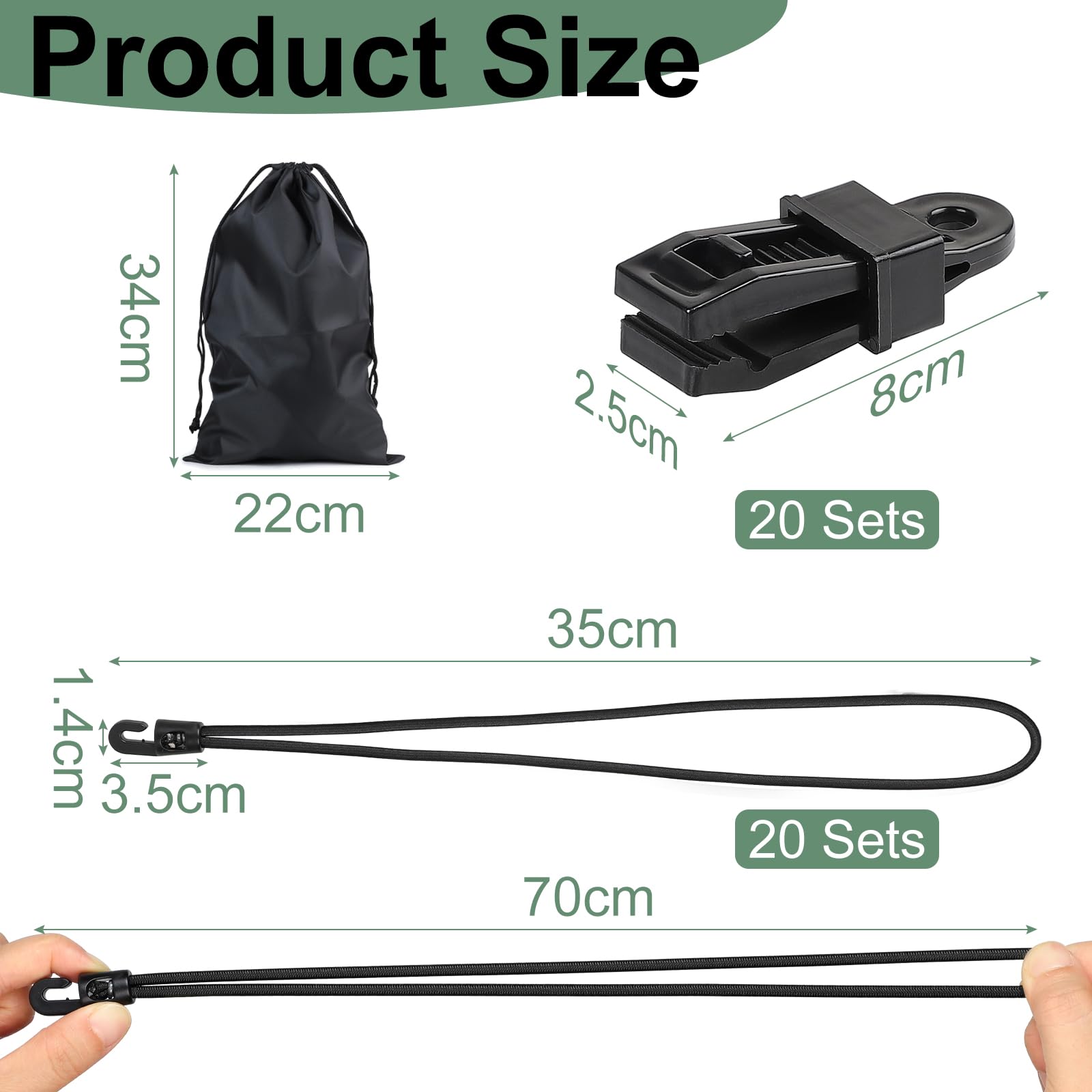 LALAGO 20 sztuk gumek napinających z hakami + klipsy do plandek, ekspandery z hakami 35 cm, napinacze plandeki z klipsami do plandeki, czarne, do gumek namiotowych, plandek, siatek, banerów, na