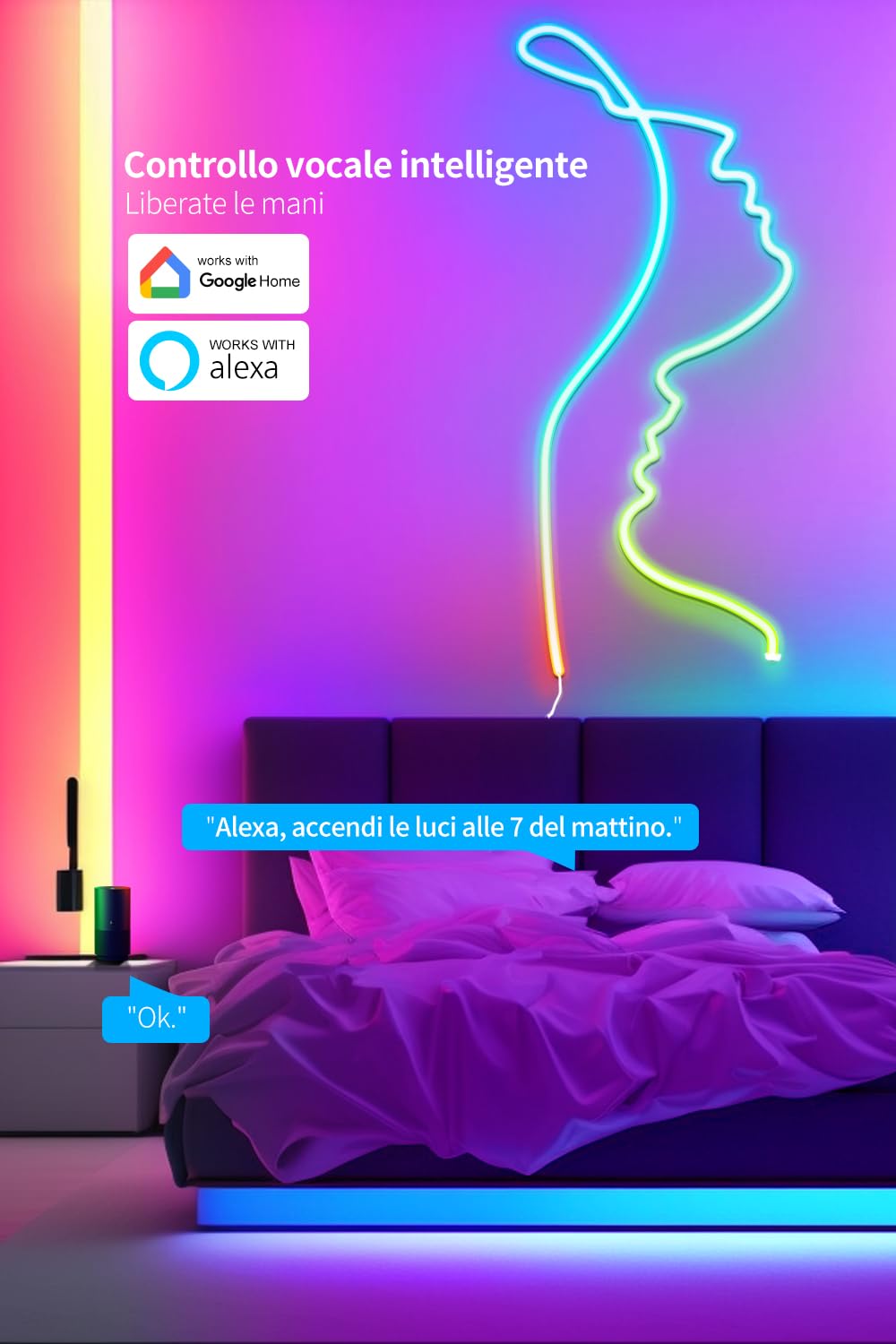 Beaeet Striscia LED Neon 3 metri, LED Striscia Neon RGB+IC con Controllo App, Controllo segmentato del colore della luce LED, Compatibile con Alexa, LED Neon per Camera da Letto, Halloween, Natale