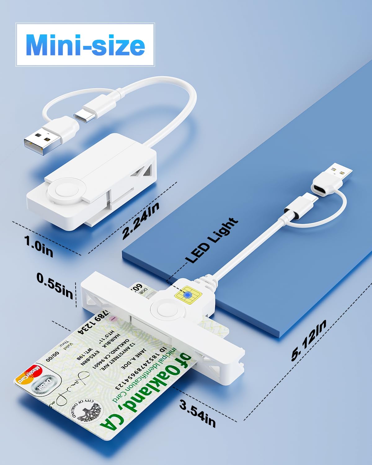 2en1 Lecteur de Carte identité USB-C&USB-A,Mini Smart Card Reader Lecteur de Carte à Puce SIM Militaire Compatible avec ISO 7816 Classe A,B,C,CAC/Carte D'identité à Puce pour Windows, Mac OS et Linux