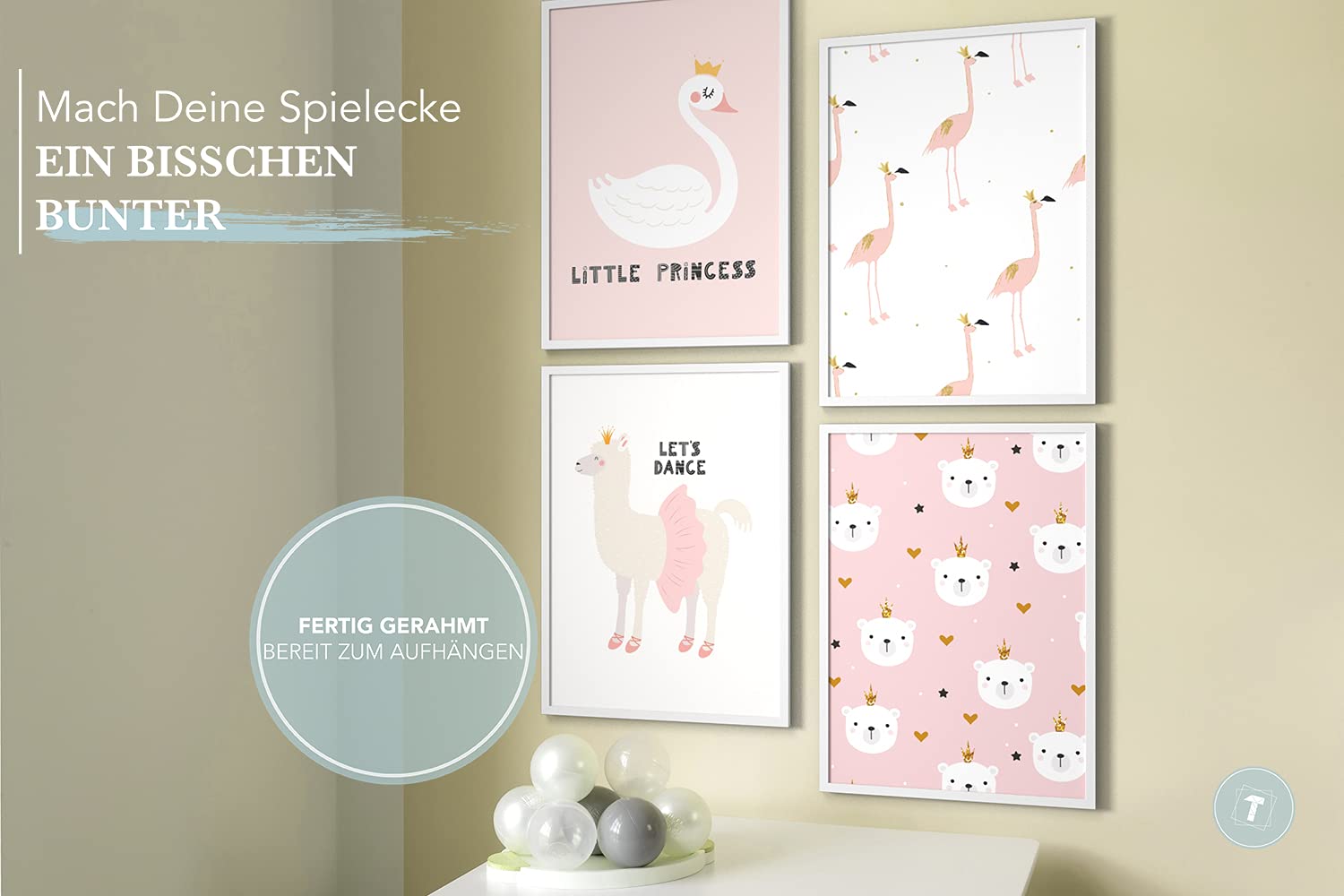 Cuadros para niños, Set de 4, A3 enmarcado en marco de madera (blanco), Regalo para niñas, Láminas decorativas para el cuarto infantil, rosa animales cisne Flamingo Llama, Princess Animals