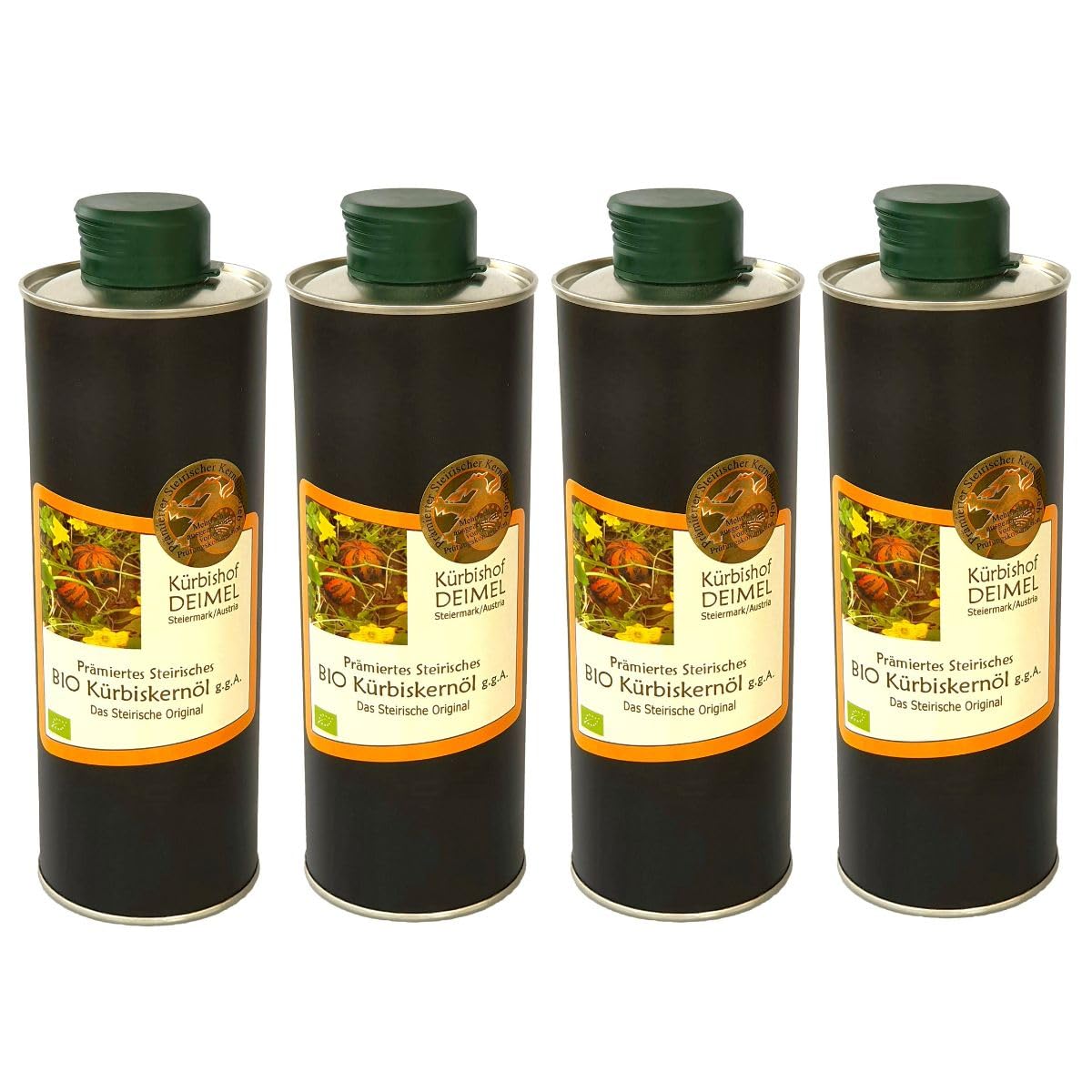 Kürbishof DEIMEL Steiermark/Austria - Lot avantageux de 4 boîtes de 500 ml - Huile de pépins de courge BIO d'Autriche - Directement du producteur