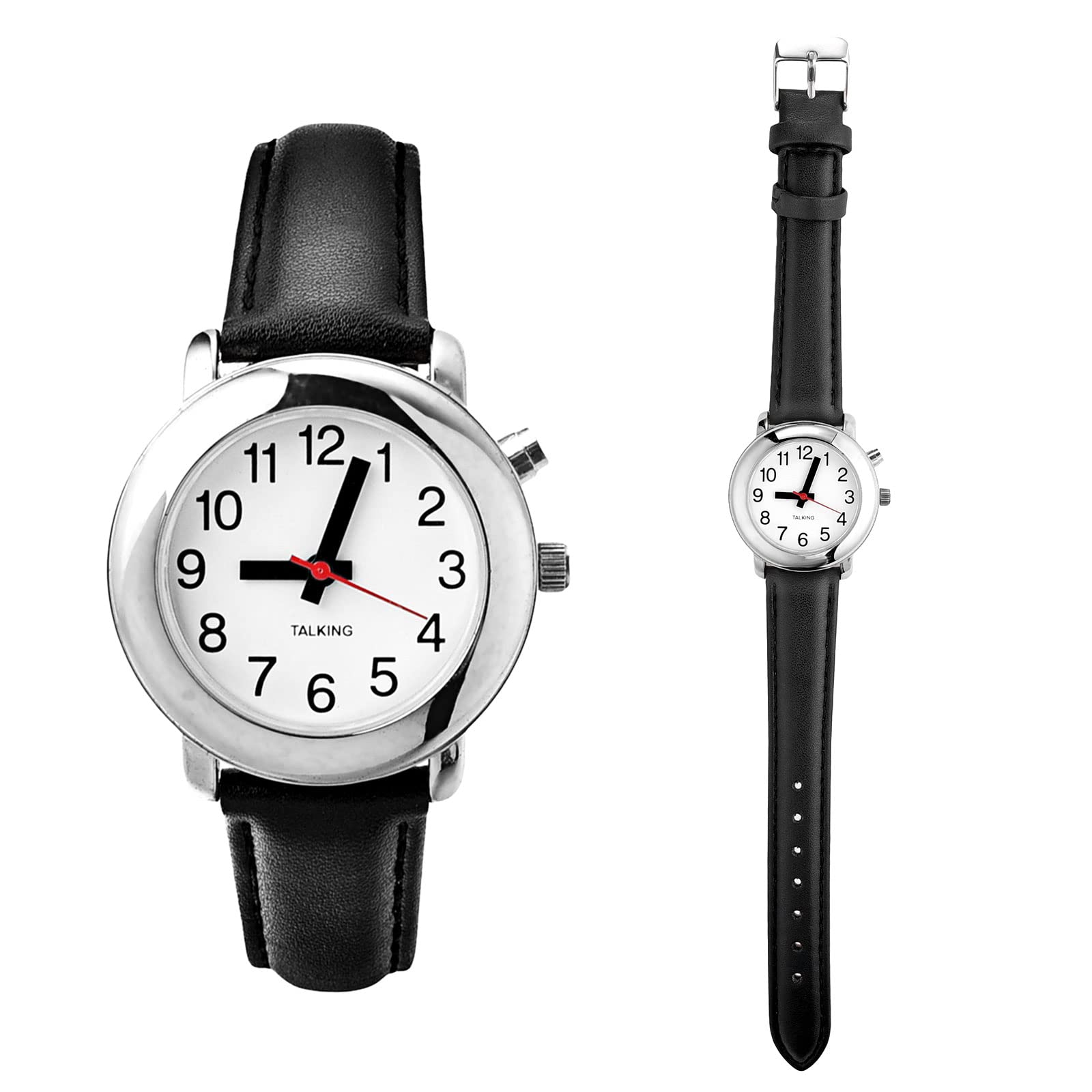 Orologio parlante alla moda, di qualità chiaro e forte voce, ultra sottile da donna, parla l'ora, la data o l'ora di allarme per anziani, vista o ciechi. Con cinturino in pelle nera