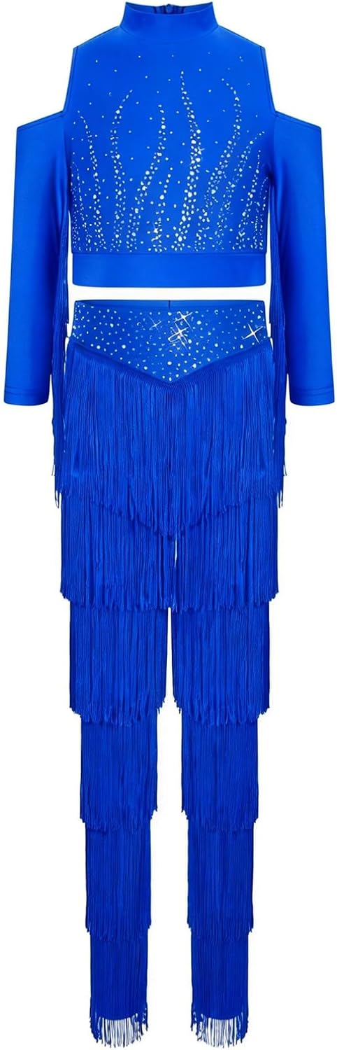 TiaoBug Kids Girls Latin Jazz Modern Salsa Ballroom Dance Outfits Tassel Crop Tops with Pants Set Competition Dancewear Royal Blue 14 Years