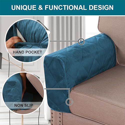 Miniatura 4 de Turquoize Fundas de terciopelo para reposabrazos para sillas y sofás, fundas para reposabrazos de sofá reclinable con bolsillo lateral, fundas