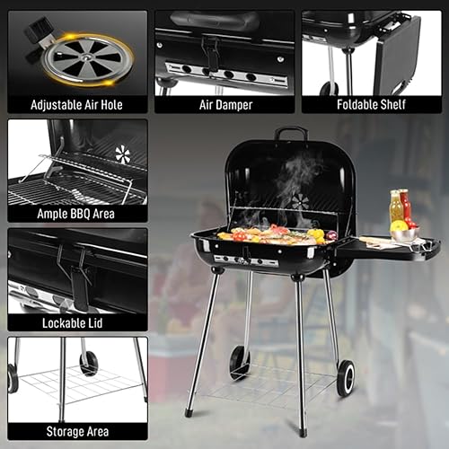 Miniatura 3 de Parrilla de carbón portátil de 28 pulgadas con ruedas, ahumador grande con rejillas de ventilación ajustables y estante lateral plegable, parrilla