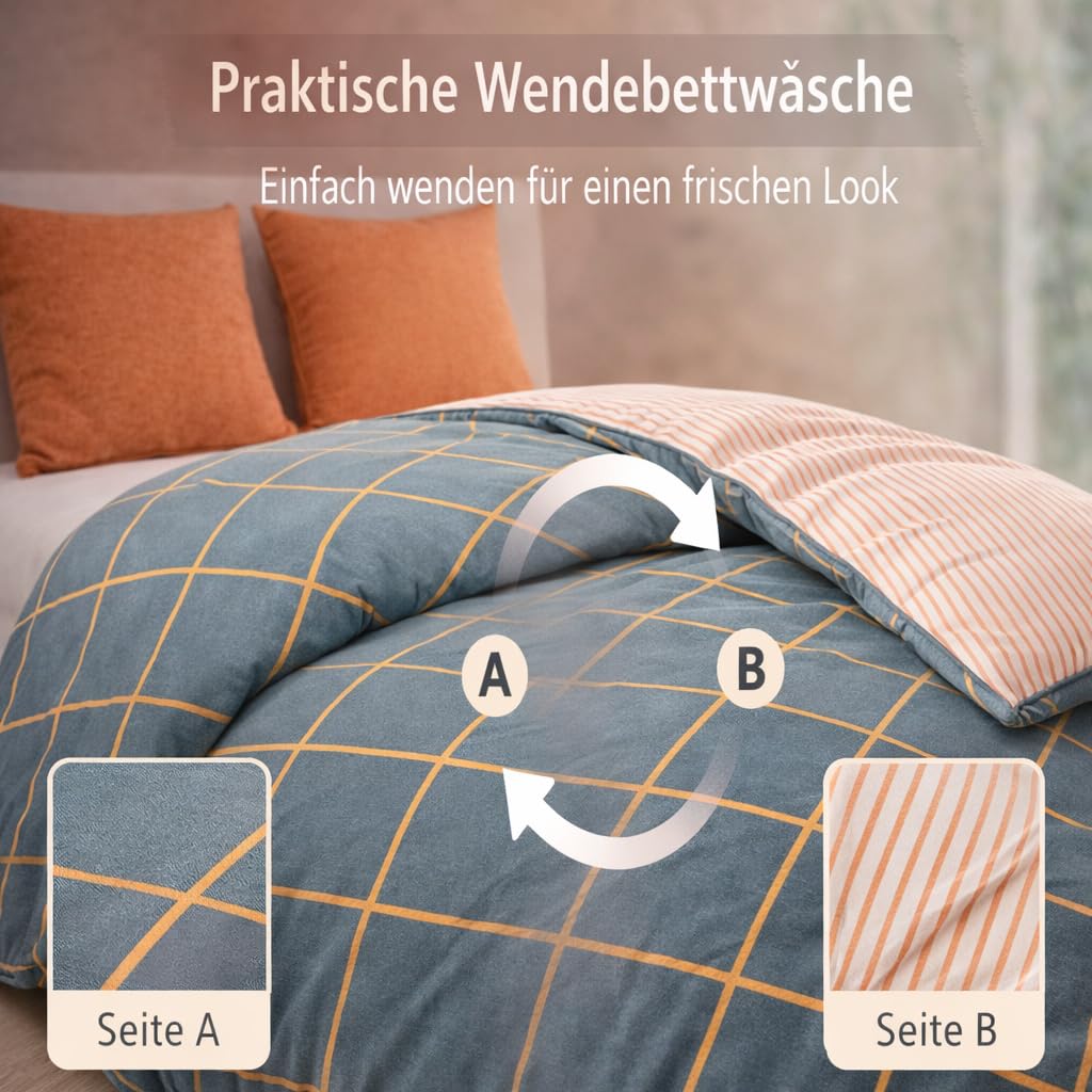Leonado Vicenti 4-teilig Wendebettwäsche 135x200 cm Baumwolle Renforcé – Kariert Petrol mit Streifen 2X Bettbezug & 2X Kissenbezug 80x80 cm – Reißverschluss