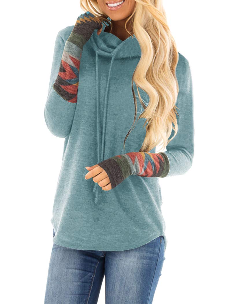 Women's Cowl Neck Long Sleeves Tunic Tops Aztec Printed Casual Sweatshirts Cute Patchwork Blouse Pullover