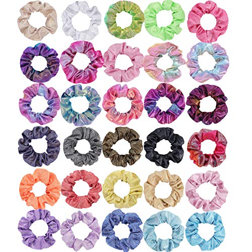 SUBANG 30 Pieces Shiny Metallic Scrunchies Hair Scrunchies Elastics Hair Bands Hair Ties Hair Accessories for Women Girls, 30 Colors