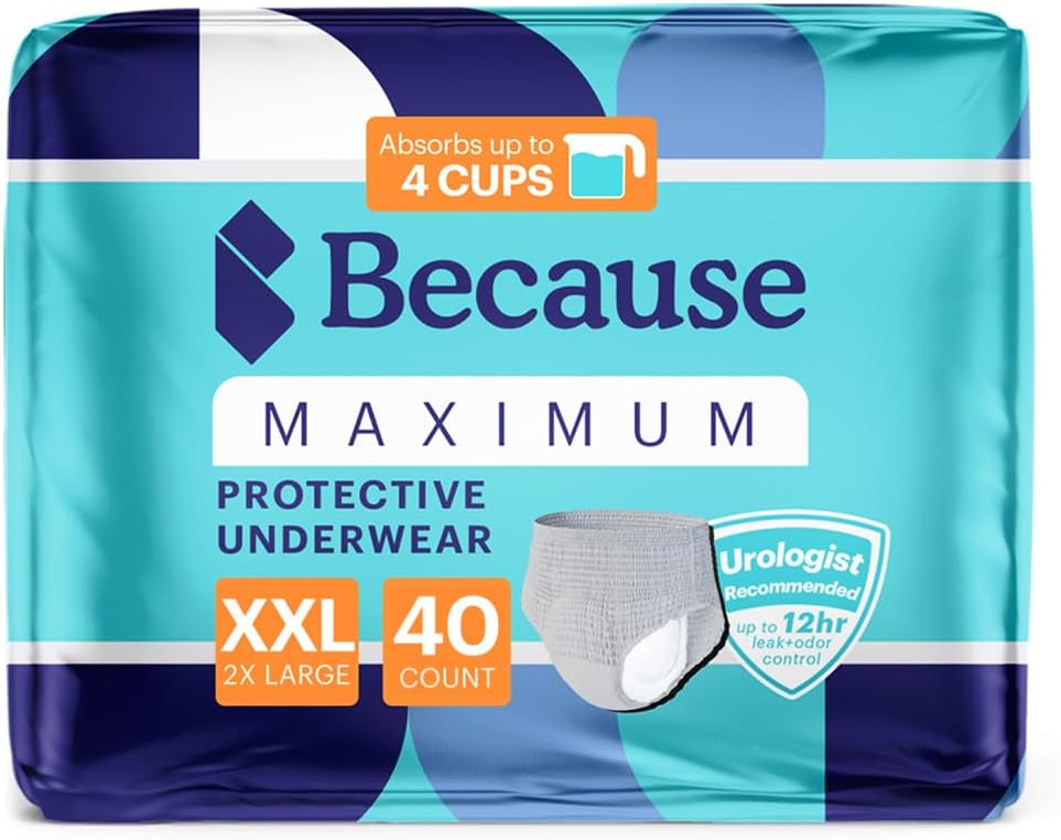Because Maximum Incontinence Underwear for Men - Heavy Bladder Leak Protection, Ideal for Overnight Leakage, Sleek, Invisible Fit, Grey, XXLarge - Absorbs 4 Cups - 40 Count (4 Packs of 10) 2X-Large (40 Count)