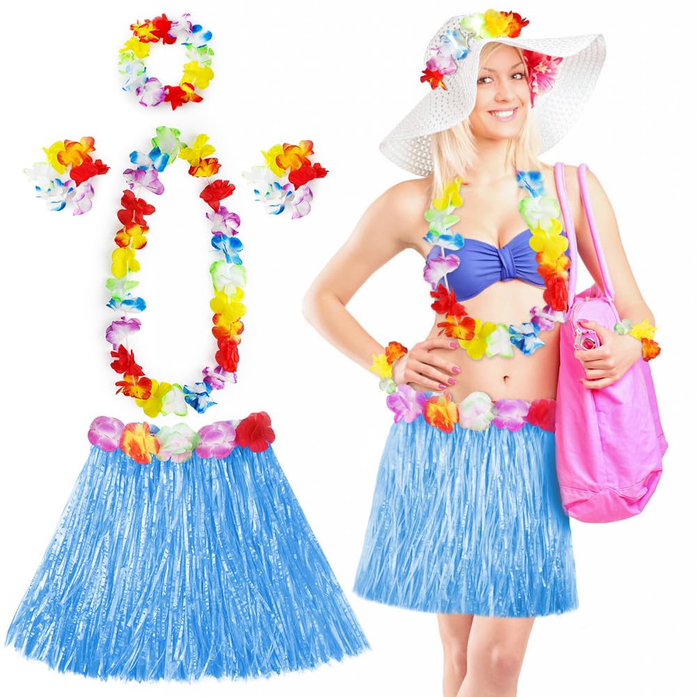 Aomig Hawaiian Grass Skirt Set, 5PC Hawaiian Garlands, Tropical Fancy Dress Hawaiian Headband Necklace Wristband Flower, Hawaiian Leis Set for Kids Adults Women Summer Beach Tropical Party(Blue-40cm)