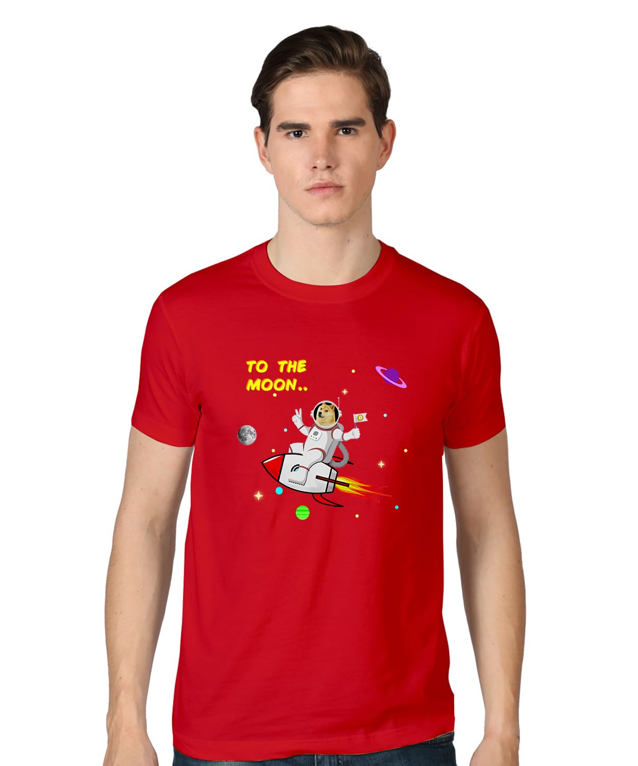 POP GENICGraphic Printed to The Moon Crypto Doge Coin Funny Quotes Slogan 100% Cotton Regular Fit Unisex T-Shirt for Men & Women PG156