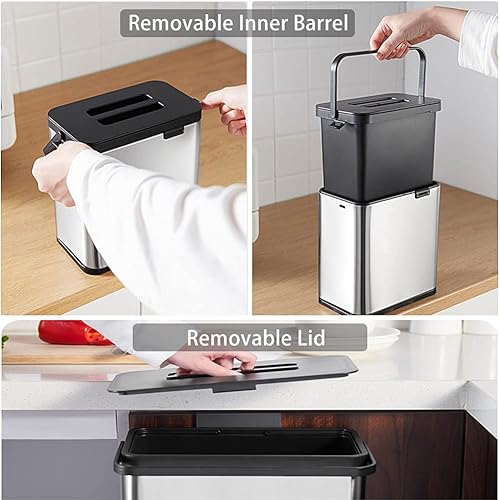 Miniatura 4 de Cubo de basura colgante con tapa para puerta de gabinete de cocina 08 Gal3L de acero inoxidable cubo de basura para encimera o debajo del fregadero