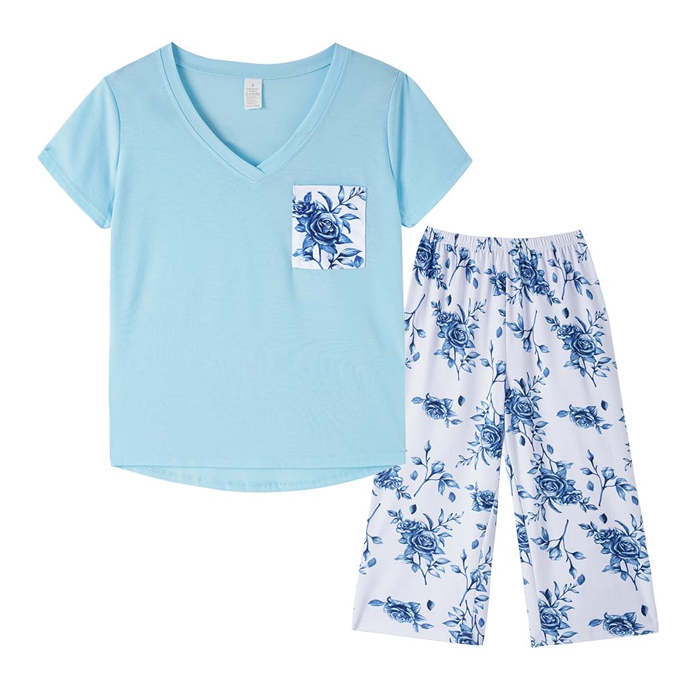 YIJIU Women Soft Comfy Pajamas Cute Cat Short Sleeve Capri Pants PJS Set X-Large Blue White