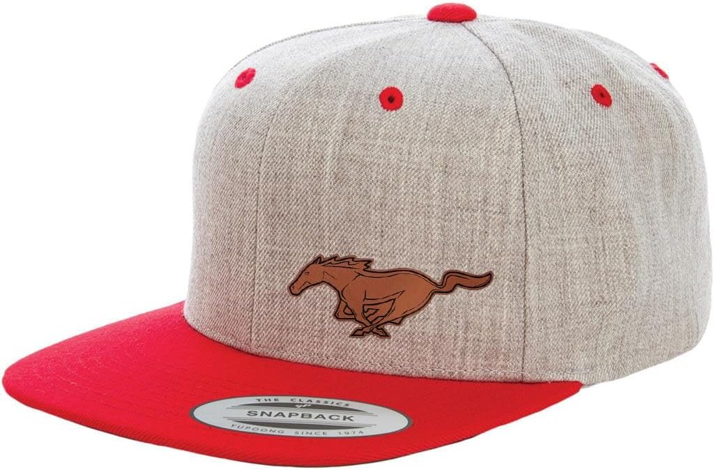 Ford Mustang Running Horse Side Logo Laser Engraved Leather Patch Yupoong 6089 Flat Bill Snapback Hat Cap