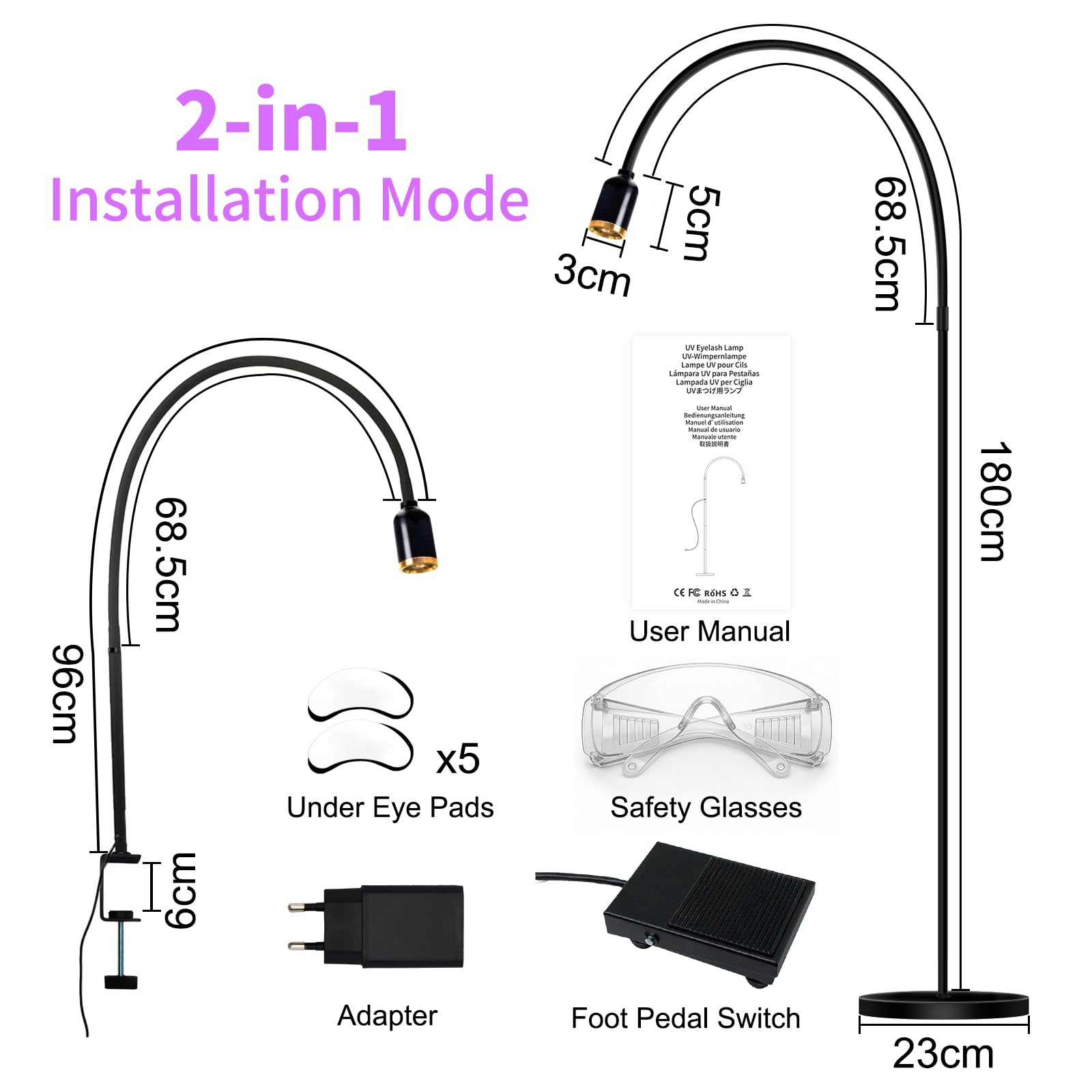 Diesisa 2-in-1 Lampada UV per Extension Ciglia 10W con Interruttore Pedale | Lampada UV per Ciglia con Interruttore a Pedale - 360° Regolabile Collo Cigno - 2–3 Secondi Polimerizzazione per Unghie
