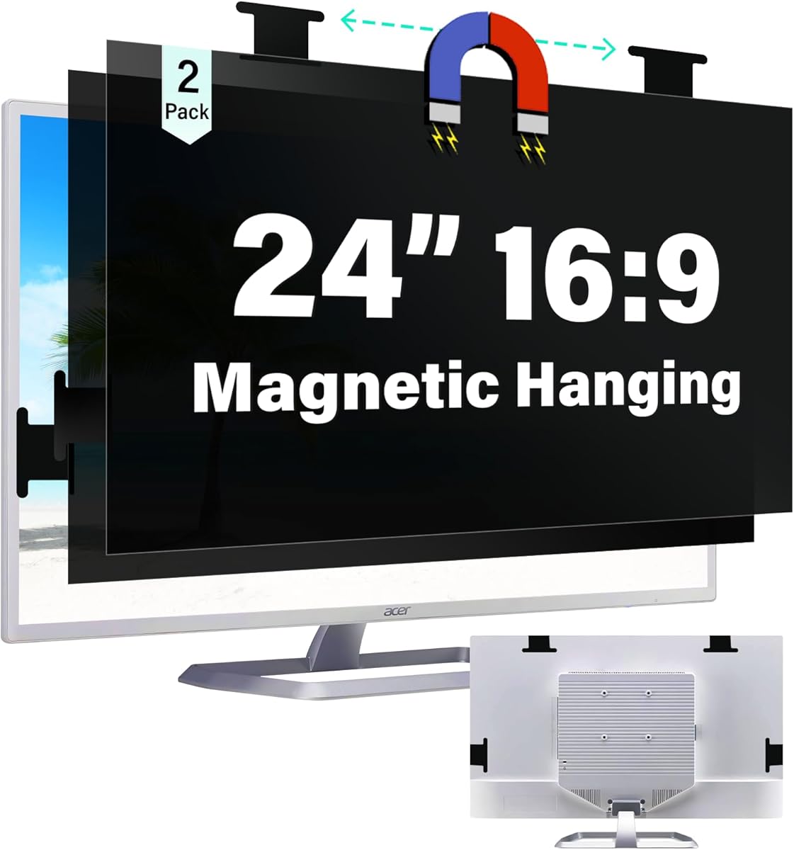 [2 Pack] Magnetic Hanging 24 Inch Computer Privacy Screen for 16:9 Aspect Ratio Widescreen Monitor, Eye Protection Anti Glare Blue Light Computer Monitor Privacy Filter, Removable 24 in Protector Film