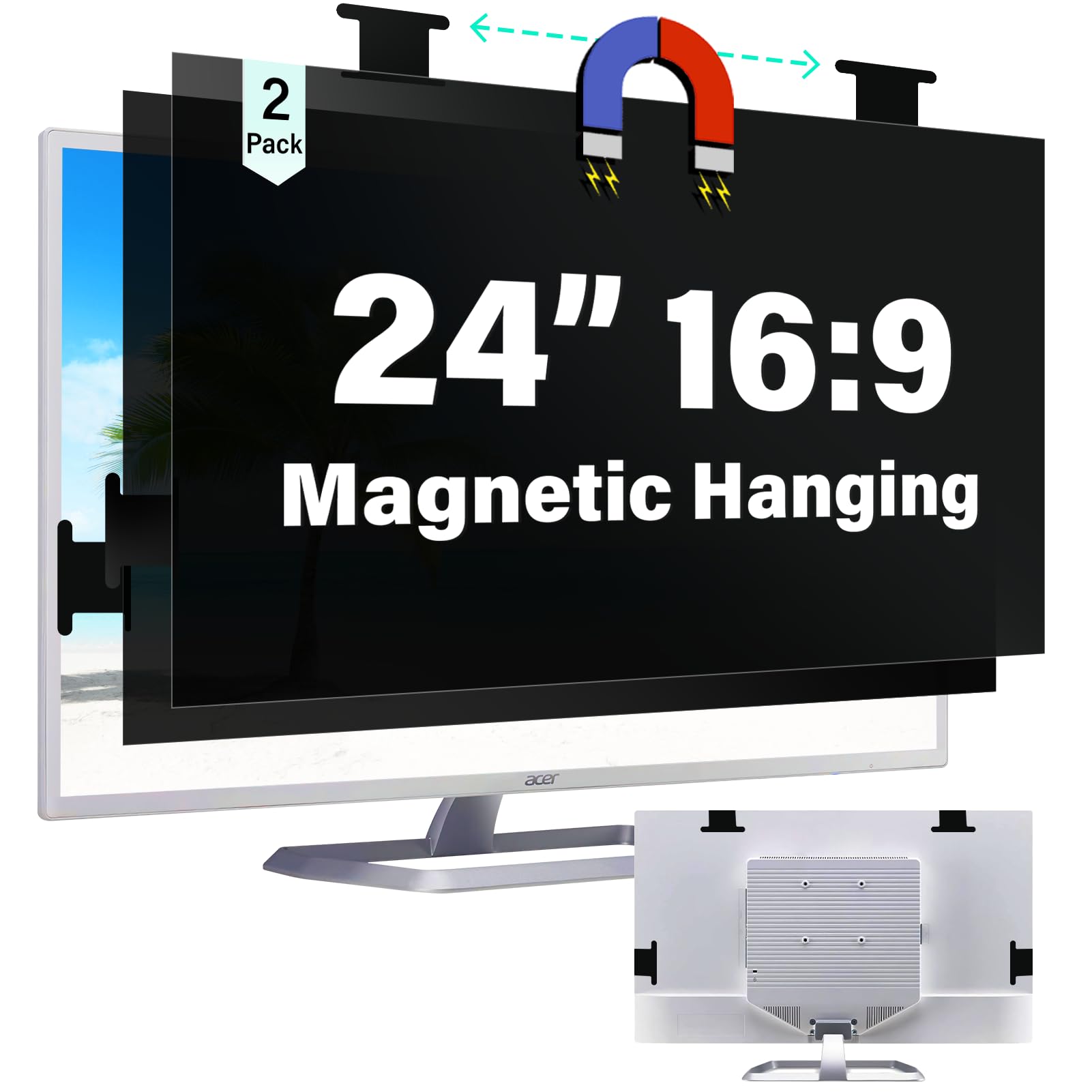 [2 Pack] Magnetic 24 Inch Computer Privacy Screen for 16:9 Aspect Ratio Widescreen Monitor, Hanging Eye Protection Anti Glare Blue Light Computer Monitor Privacy Filter, Removable 24 in Protector Film