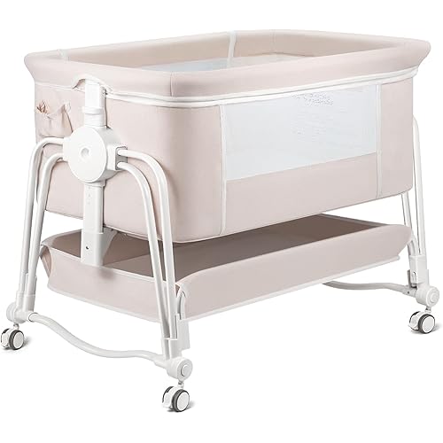4 In 1 Baby Bassinet Bedside Sleeper, Rocking Bassinet for Baby, Bedside Sleeper with Wheels, Storage, Mosquito Net and matress included, 7 Level Adjustable Bedside Bassinet for Newborn Baby(Cream)
