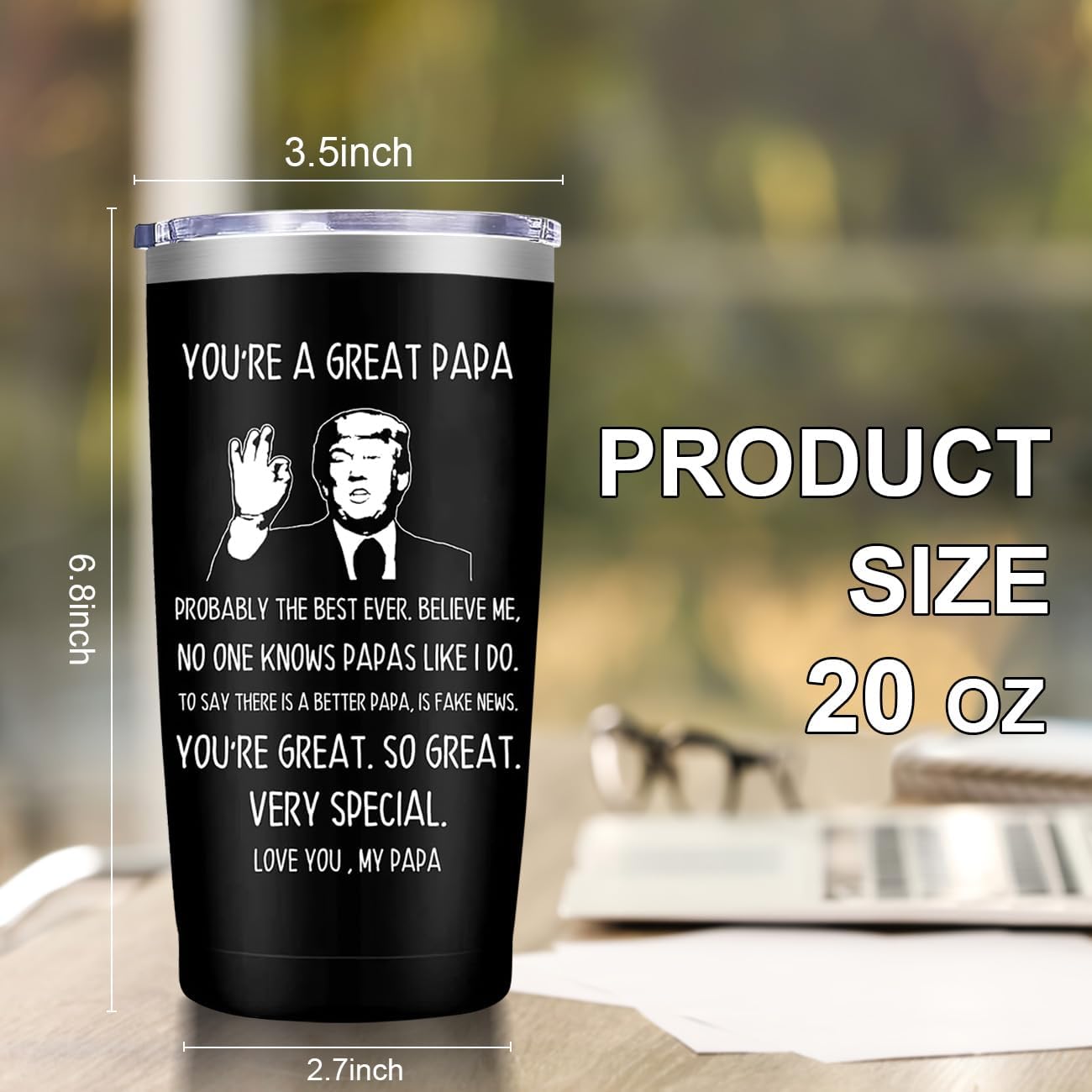 MFGNEH Papa Gifts from Daughter Son,Fathers Day Gift,Christmas Birthday Gifts for Papa,Thanksgiving Gift for Dad Grandpa from Grandchildren,20oz Black Stainless Steel Tumbler Cup - Image 2