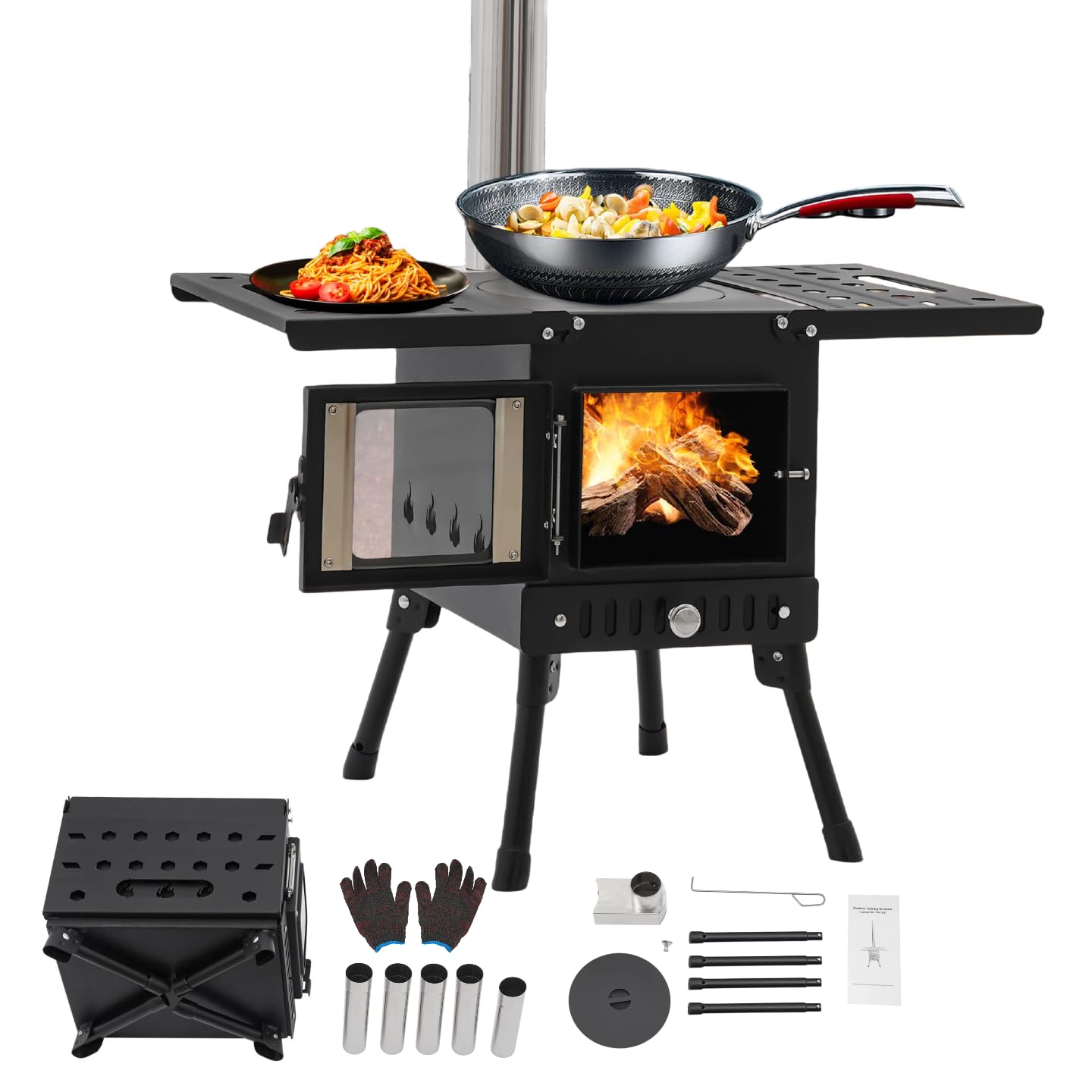 Klappbarer Kohlenstoffstahl Zeltofen mit komplettem Schornstein, Tragbarer Camping Holzofen zum Heizen & Kochen für Zelt, Garten und Camping BBQ, höhenverstellbar 36-56cm