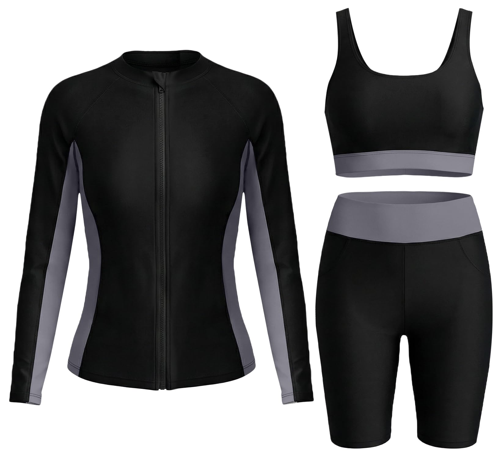 Femmes Ensembles Rashguard 3 Pièces Maillot de Bain Manches Longues Anti-UV Maillot de Surf Plage Piscine S-2xl